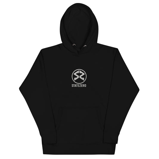 Black StateZero hoodie with logo – flat lay front view