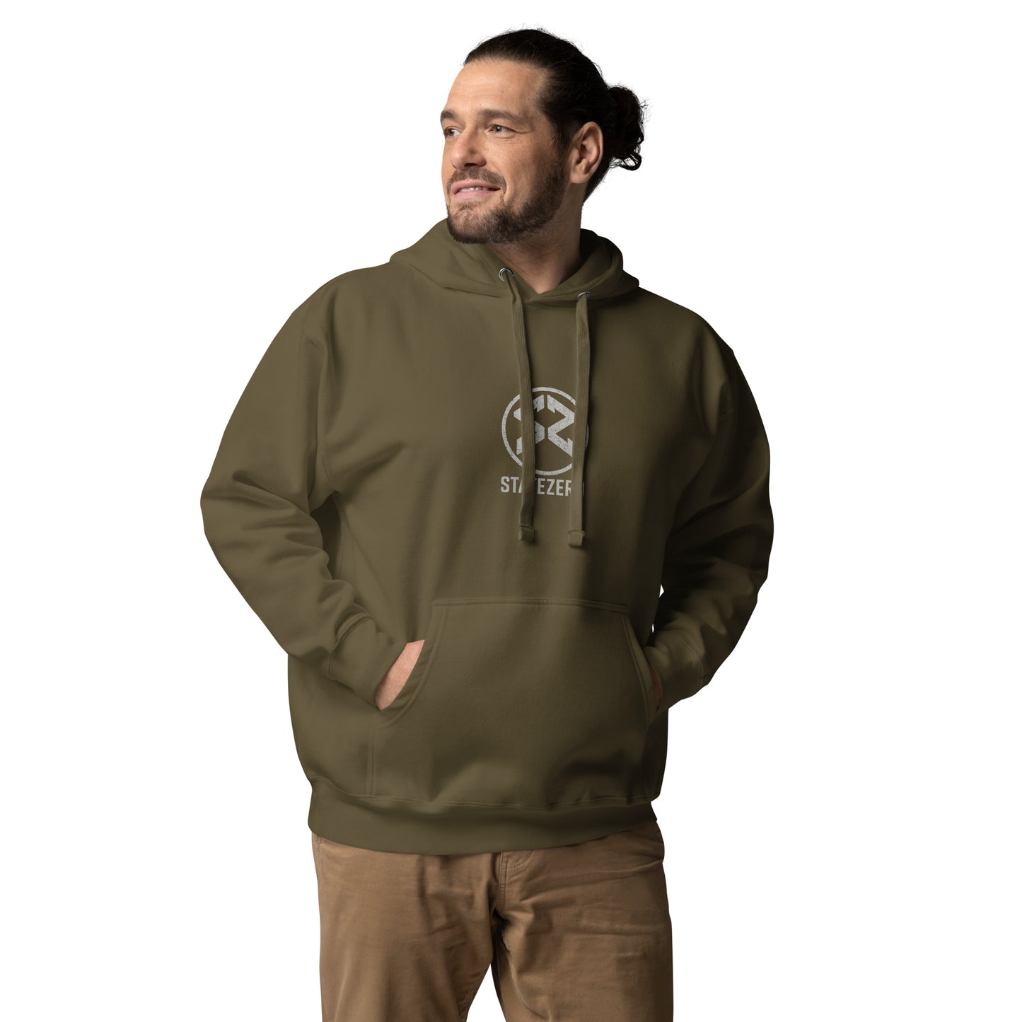 Military green hoodie with StateZero logo on the chest – front view