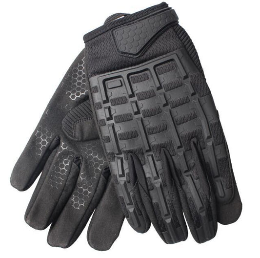 Pair of black tactical gloves with reinforced knuckle protection, textured palm grip, and breathable fabric – ideal for airsoft, military or outdoor use