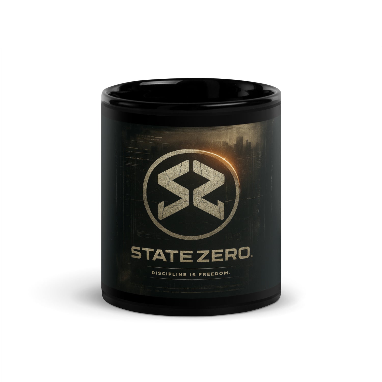 Black glossy mug with rugged SZ emblem in cracked metallic style, featuring the slogan 'DICIPLINE I FREEDOM' beneath. Industrial, post-apocalyptic design with dark blueprint textures and a golden glow.