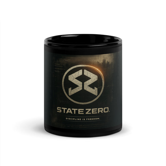 Black glossy mug with rugged SZ emblem in cracked metallic style, featuring the slogan 'DICIPLINE I FREEDOM' beneath. Industrial, post-apocalyptic design with dark blueprint textures and a golden glow.