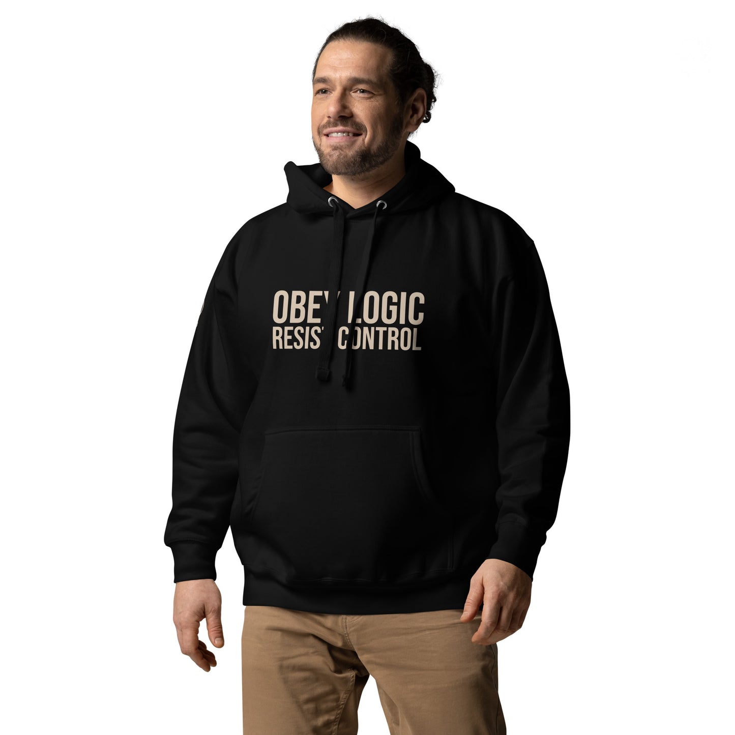 Black tactical hoodie with bold ‘OBEY LOGIC – RESIST CONTROL’ slogan on chest and StateZero SZ insignia on right sleeve. Rugged, street-ready design for urban resistance and strategic mindset."