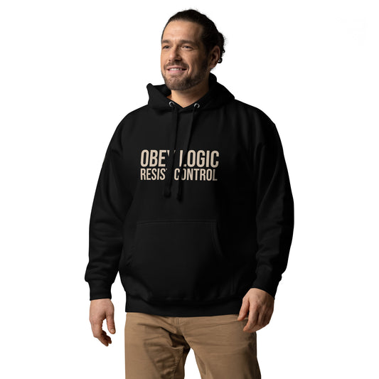Black tactical hoodie with bold ‘OBEY LOGIC – RESIST CONTROL’ slogan on chest and StateZero SZ insignia on right sleeve. Rugged, street-ready design for urban resistance and strategic mindset."