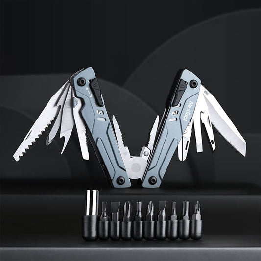 Folding tactical multitool with pliers, knives and screwdriver bits displayed on black background