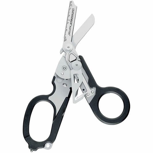 Black and silver tactical folding trauma shears – first aid rescue scissors with ring cutter and multi-tool features for emergency response
